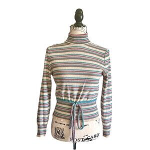 Vintage 1970s Striped Turtle Neck Sweater With Tie Waist And Zip Up Back